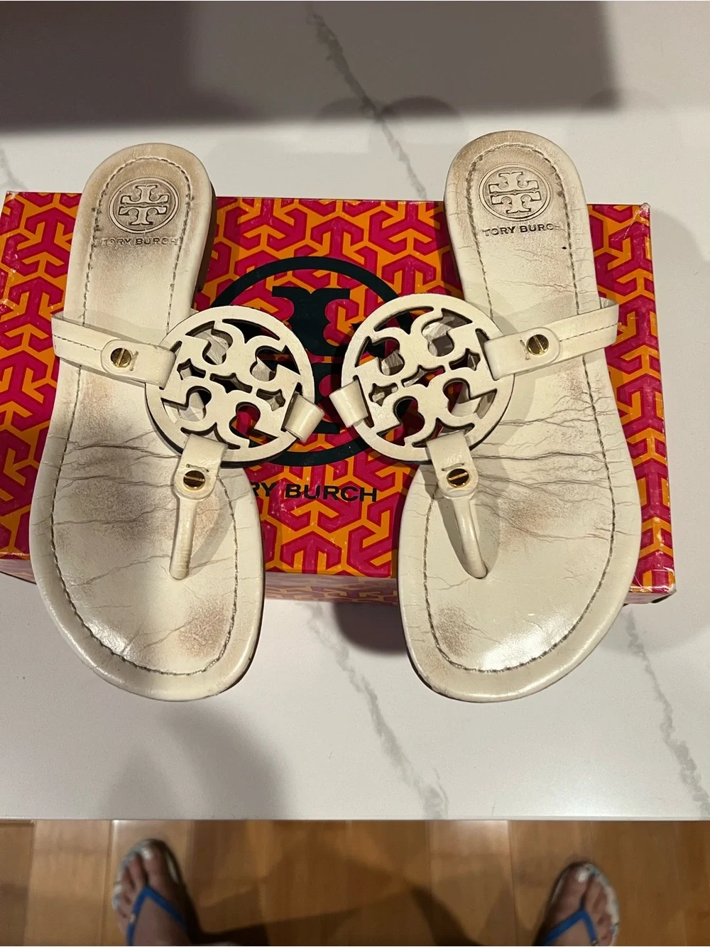 Tory Burch Cream Miller Logo Thong Sandals